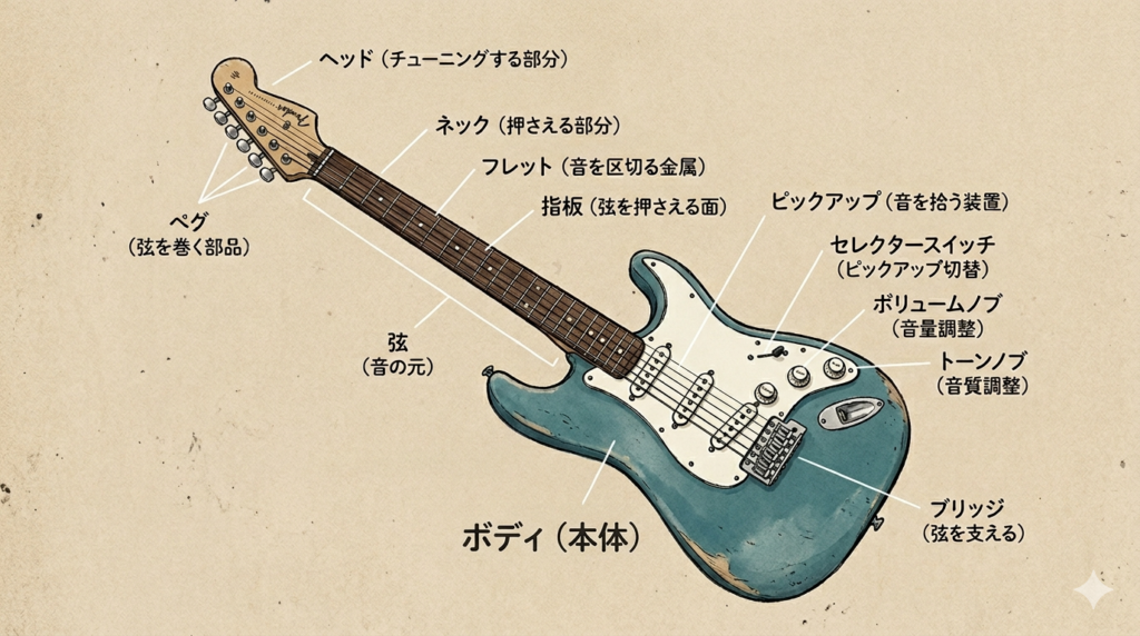 エレキギター(ストラトタイプ)の各部パーツ名称を解説したイラスト図解。ヘッド、ペグ、ネック、フレット、弦、ピックアップ、ボリュームノブなどの日本語ラベルと簡単な説明文が付いています。