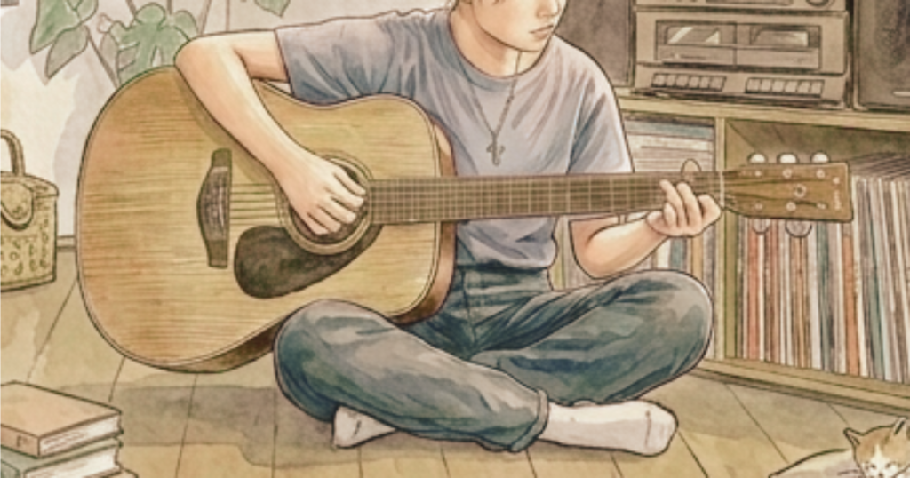 部屋で YAMAHA FG820 を練習する人