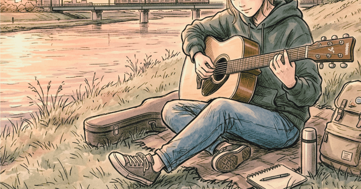 河川敷で YAMAHA FG830 を練習する女子大学生