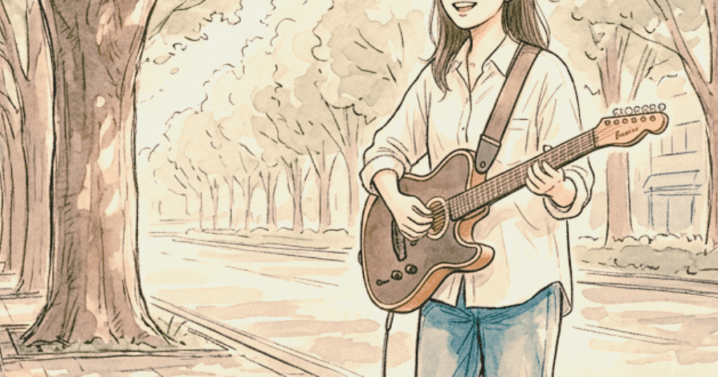 並木道でフェンダーアコースタソニックプレイヤーで弾き語りをする女子大生