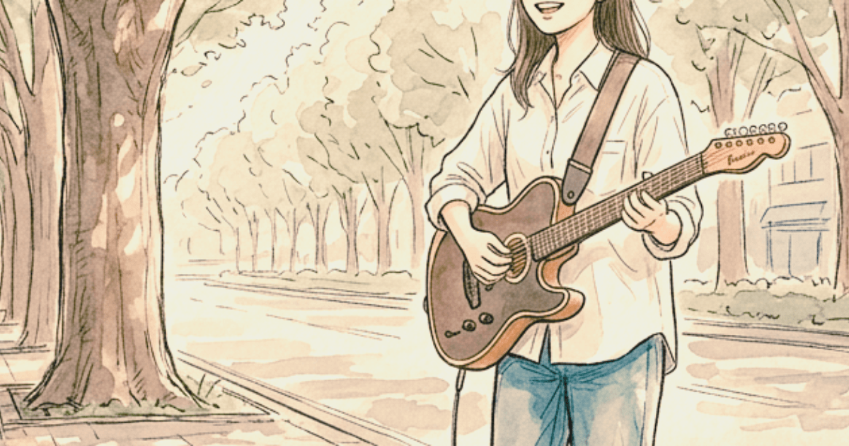 並木道でフェンダーアコースタソニックプレイヤーで弾き語りをする女子大生