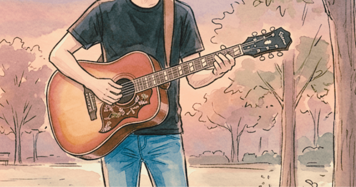 街路樹でエピフォン・ハミングバードで弾き語りをするフリーター