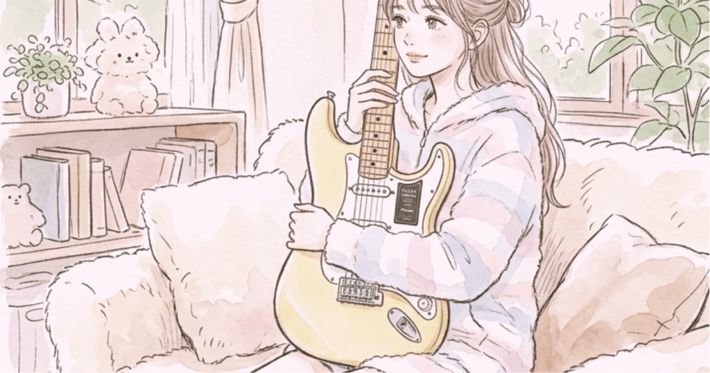 部屋でフェンダープレイヤーストラトキャスターを抱きかかえる女子高生