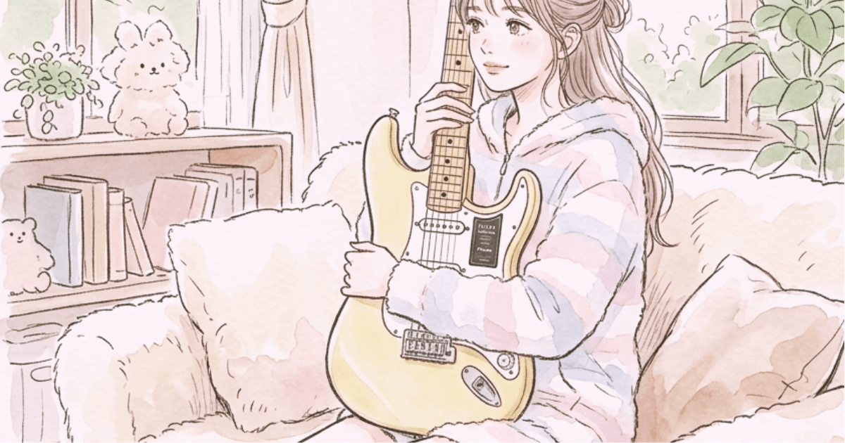 部屋でフェンダープレイヤーストラトキャスターを抱きかかえる女子高生