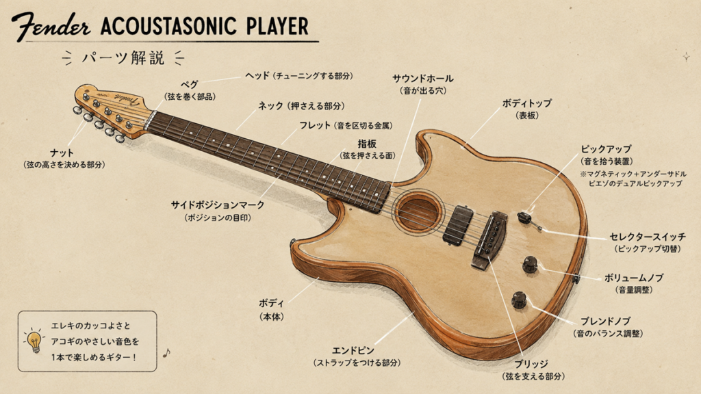 Fender Acoustasonic Playerの各パーツ名称を初心者向けに解説したイラスト画像