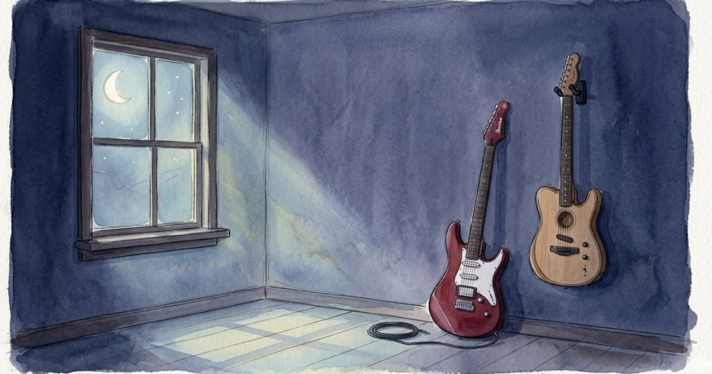 夜の部屋に立てかけられたPAC112Vと、壁に吊るされたアコースタソニック プレイヤー。窓から差し込む月明かりが照らす水彩画風イラスト。