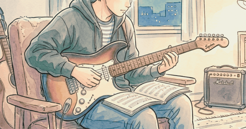 部屋でスクワイヤークラシックヴァイブ'60sの練習をする大学生