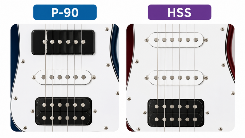 P-90搭載ギターとHSS配列ギターのピックアップ構成の違いを比較した初心者向け画像