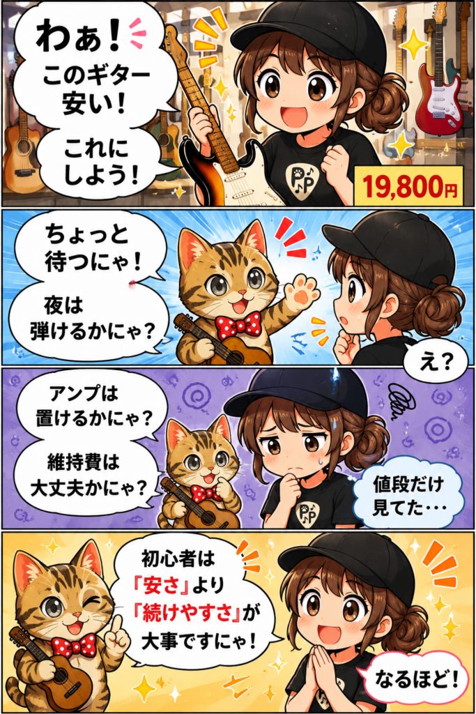 otoが安いギターを見て購入を決めようとするが、にゃん先生に「夜は弾けるか」「維持費は大丈夫か」と聞かれ、初心者は安さより続けやすさが大切だと気付く4コマ漫画