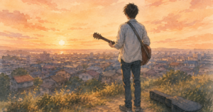夕焼けに染まる丘の上で、ギターを肩から下げた少年が住宅街を見下ろしている。柔らかな水彩タッチで描かれた、ギターを始めようとする若者の挑戦や憧れを感じさせるイラスト。