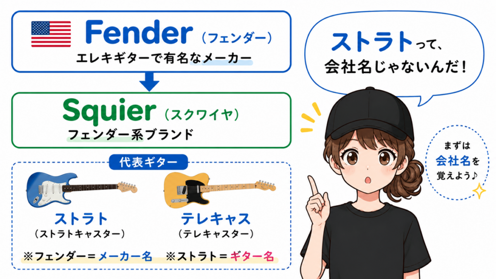 フェンダーとスクワイヤの関係を初心者向けに解説した図。フェンダーはメーカー名、ストラトとテレキャスはギター名であることをイラスト付きで紹介。